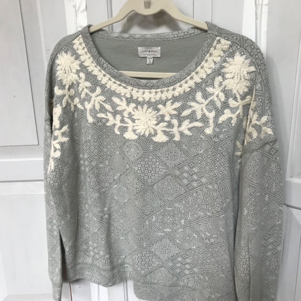 Lucky Brand Sage Green and Cream Long Sleeve Cotton Top - Picture 10 of 16